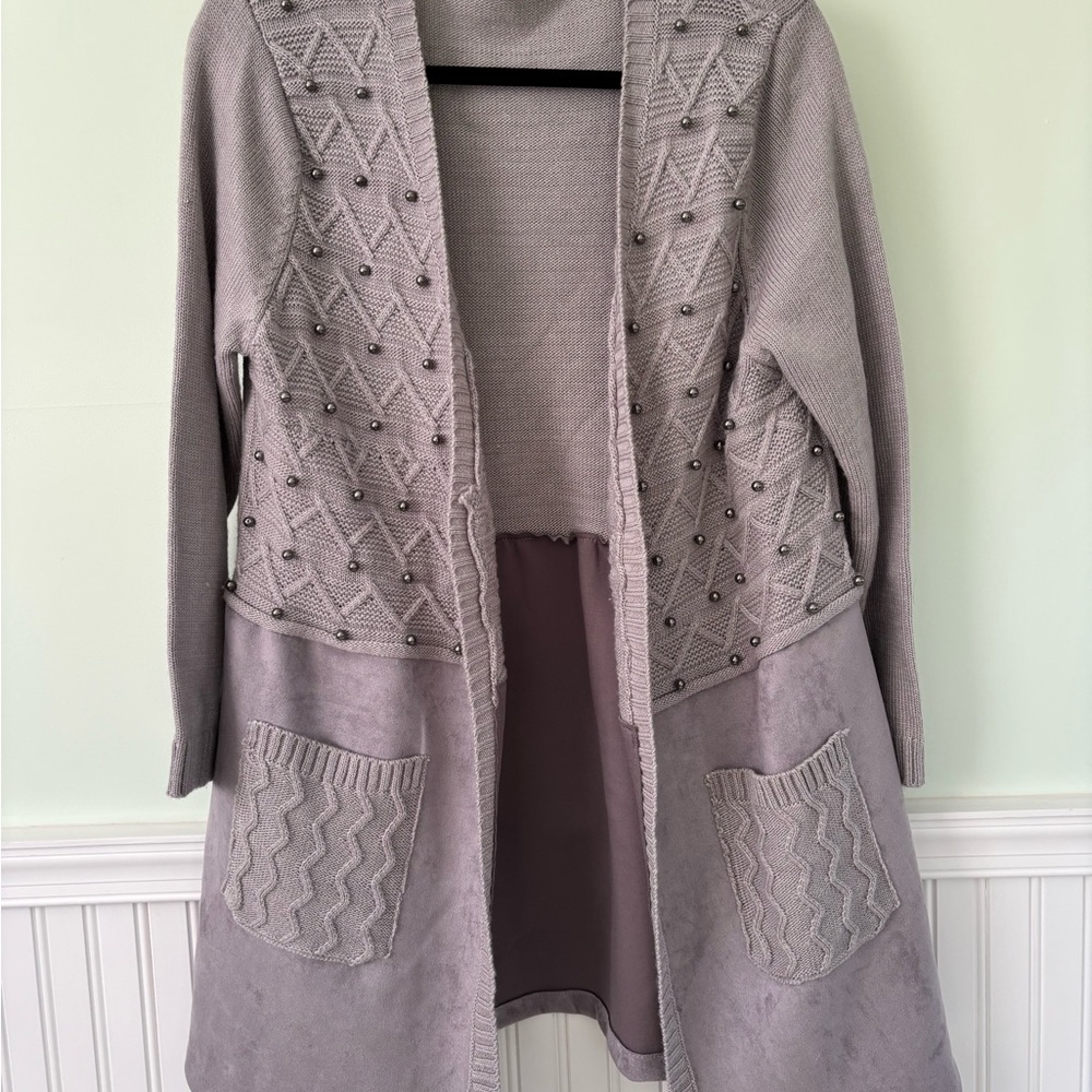 Chic Gray Knit Cardigan with Beaded Detail